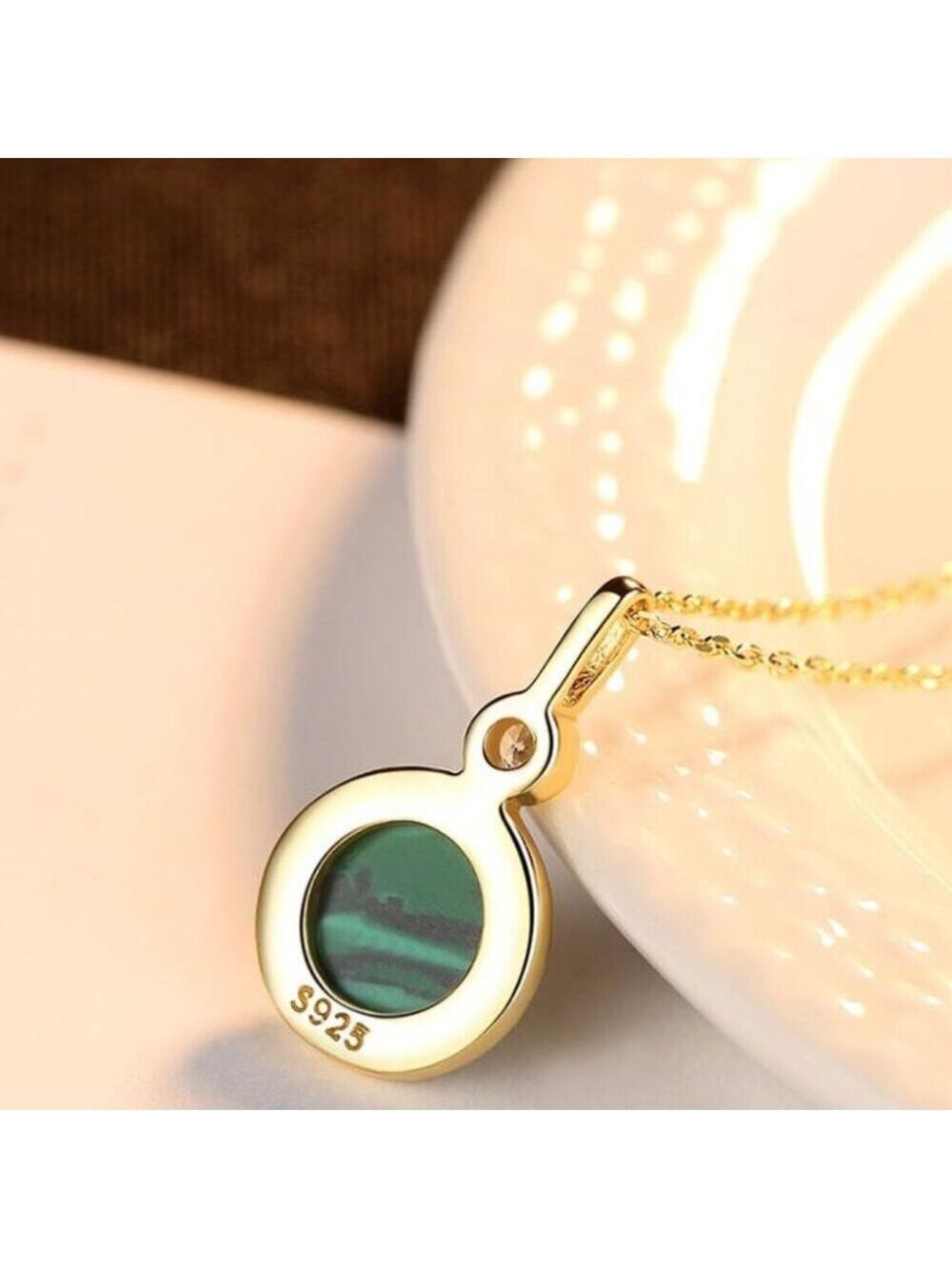 18KY Gold Plated over Sterling Silver Malachite and CZ Necklace - Picture 5 of 6